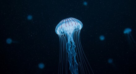 Fototapeta premium Bioluminescent jellyfish pulsating gracefully in the deep dark ocean
