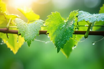 Fresh green grape leaves glistening with dew in the early morning sunlight in a vineyard