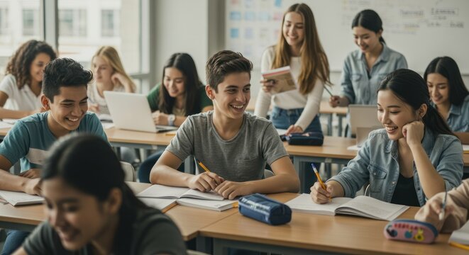 Students in classroom setting with teacher assisting learning and collaboration.