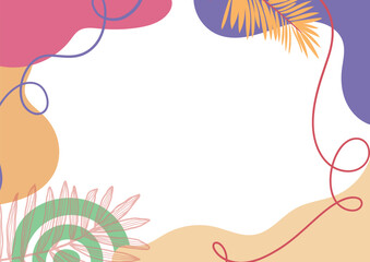 Vector summer background with hand drawn tropical leaves, flowers. For seasonal banners, social media, poster, banner, post, cover, invitation.	
