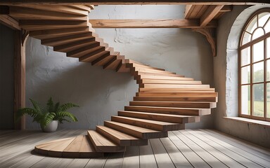 An Elegant Interior Spiral Staircase Crafted from Natural Wood Floats Gracefully Towards a Sunlight-Drenched Arched Window