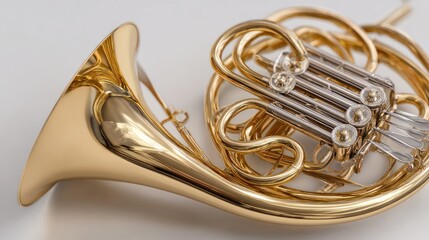 Polished brass French horn on white background