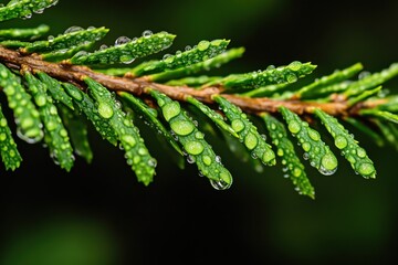 Dewdrops glisten on green pine needles during a serene morning in a lush forest