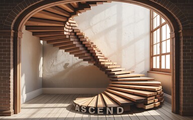 A visually striking spiral staircase crafted from natural wood ascends gracefully within a sunlit room featuring a large arched doorway and a tall window casting dynamic shadows on the textured walls