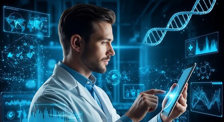 Scientist analyzing data on digital tablet futuristic technology science biology