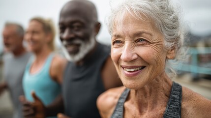 Fit senior people running at city park - Group of elderly friends doing sport workout together outdoor - Main focus on african woman face, no logos, no brands