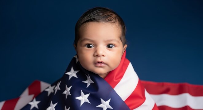 Adorable newborn Indian baby wrapped in the American flag, symbolizing patriotism, national pride, and the future of the United States—perfect for themes of citizenship and Americana. - Powered by Adobe