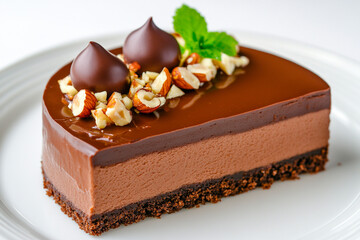 A mouthwatering chocolate mousse cake adorned with glossy ganache, chopped nuts, and chocolate drops.