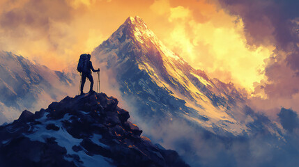 Conquering Peaks: A Hiker's Triumph at Mountain Summit at Sunset