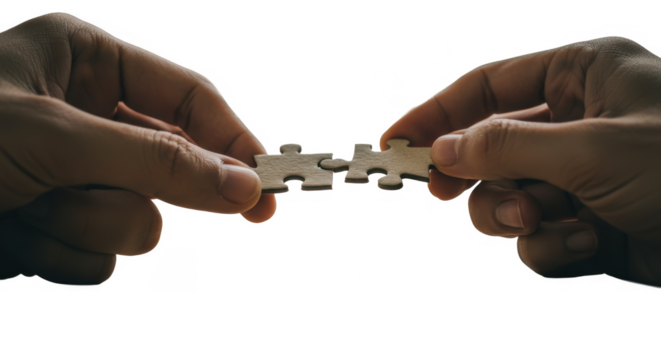Two hands connecting puzzle pieces, symbolizing teamwork and collaboration.
