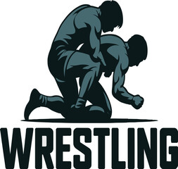 Obraz premium Two wrestlers compete in a grappling match, perfect for team logos, sports designs, or fitness promotions.
