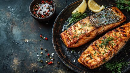 fresh salmon fried fish in a plate grilled seafood omega ready to eat on the table for healthy meal snack outdoor top view copy space food background rustic image pescetarian diet, no logos, no brand