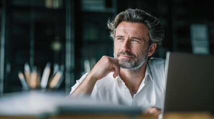 Mature business man executive manager looking at laptop computer watching online webinar training or having virtual meeting video conference taking notes, doing market research working in office., no