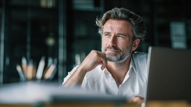 Mature business man executive manager looking at laptop computer watching online webinar training or having virtual meeting video conference taking notes, doing market research working in office., no