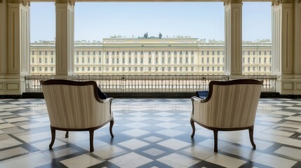 Fototapeta premium Elegant interior view featuring two classic armchairs facing a stunning exterior, Ideal for use in luxury real estate listings, interior design blogs, or promotional materials for upscale venues,