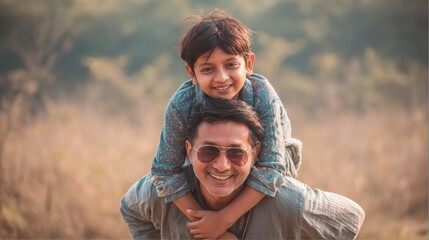 Happy indian father giving piggyback ride to his son and looking at camera. Cute ethnic boy with dad playing outdoor. Close up face of handsome man carrying on shoulders his middle eastern kid., no l