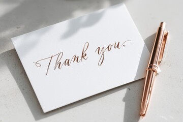 Handwritten thank you note on elegant card accompanied by a stylish pen, capturing gratitude in a personal way