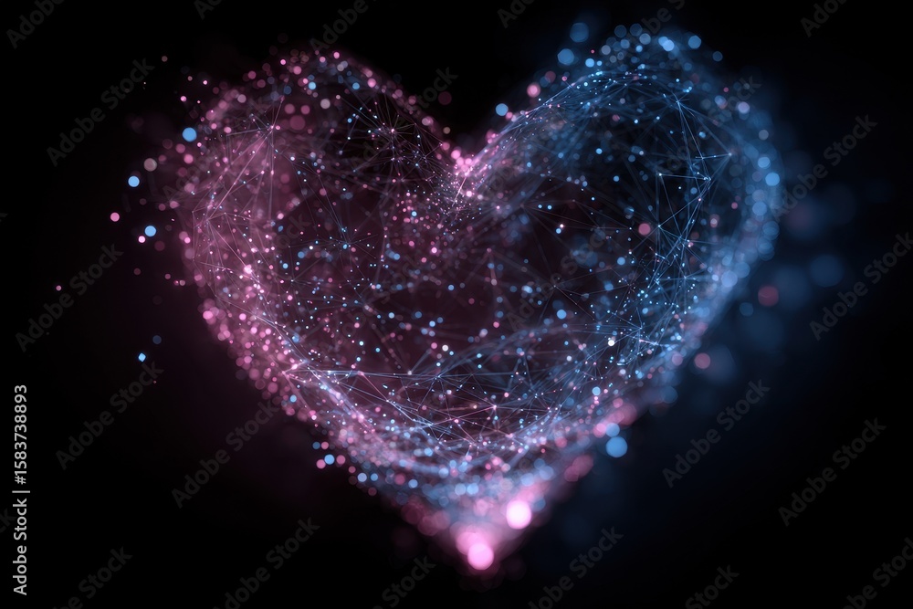Poster glowing heart shape created by interconnected particles in a dark space, showcasing a blend of blue 
