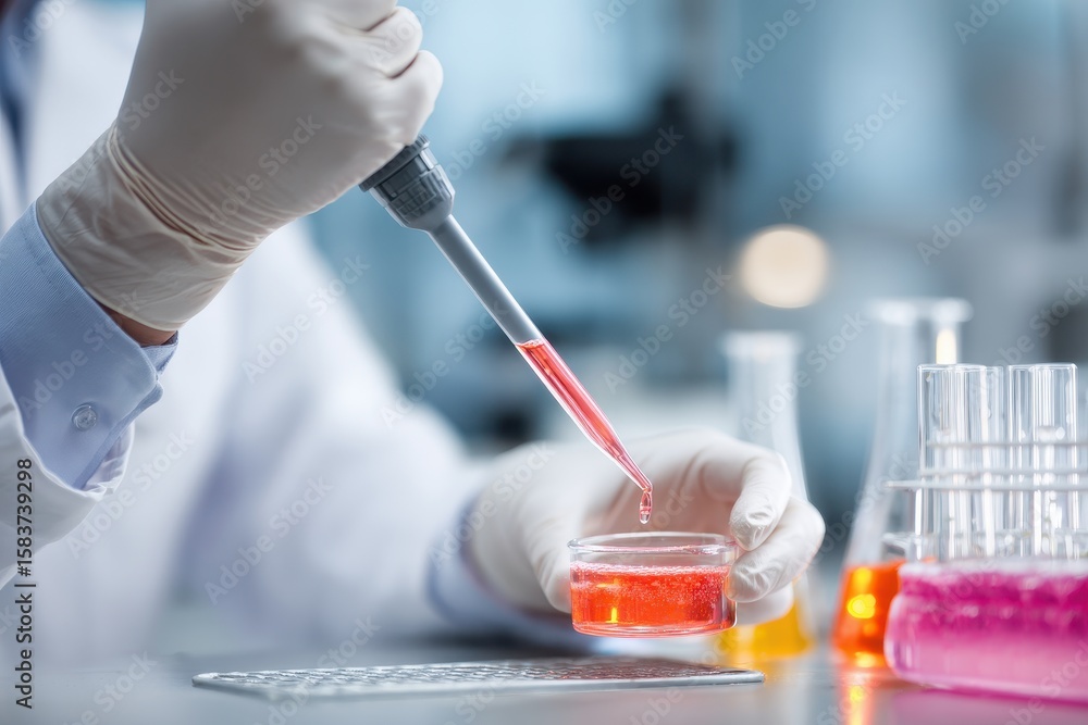 Aufkleber laboratory assistant performing pipetting of liquid samples at a science lab equipped with various g