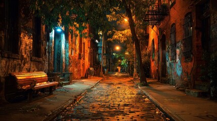 Obraz premium An alley at night, in Brooklyn, New York., no logos, no brands