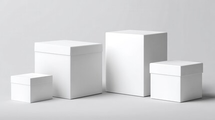 White cardboard boxes. Blank medicine package in different sizes. Medical product square box 3d vector isolated mockups, no logos, no brands