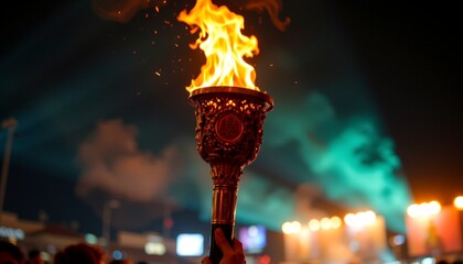 a lively nighttime event with a focus on a person holding an olympic torch aloft