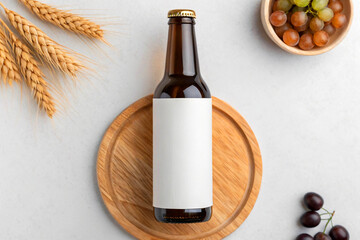 Naklejka premium Beer Bottle Mockup with Blank Label, Wheat & Grapes