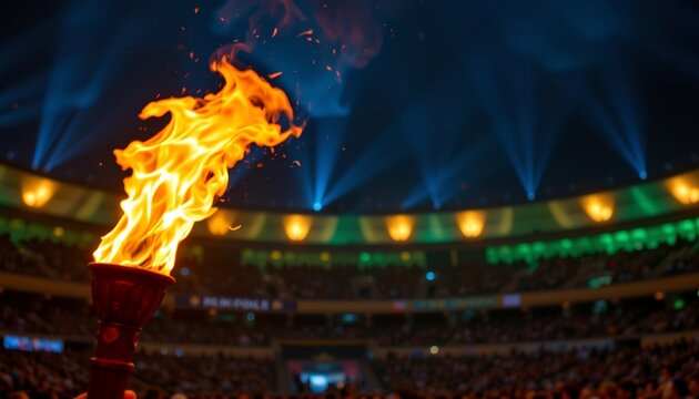 a dramatic moment at a sporting event with a torch being lit in an indoor stadium, symbolizing the start of an olympic competition
