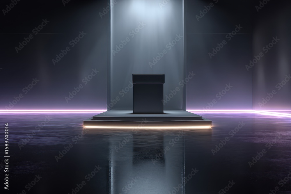 Poster futuristic dark podium with luminous background illuminated by soft light in a high-tech environment