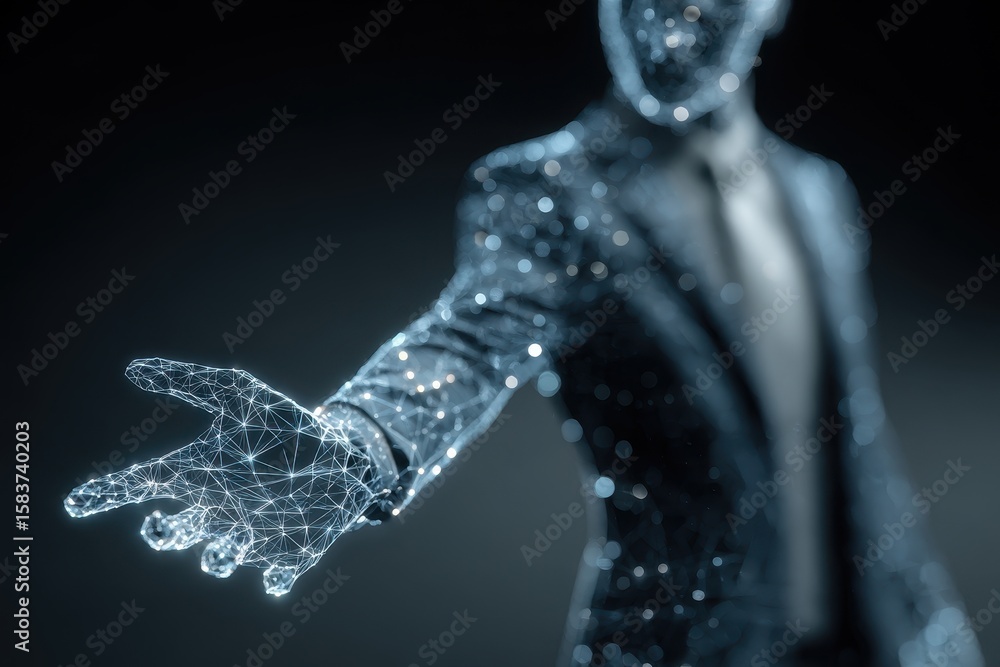 Poster ai agent hologram representing agentic autonomy in a futuristic setting, showcasing an advanced digi