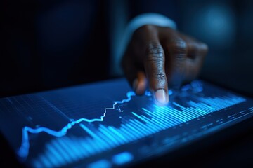 Businessman analyzing financial data with glowing blue graphs on digital tablet in a modern office setting at dusk