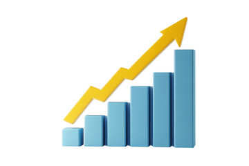 3d blue bar graph with a yellow zigzag arrow showing upward trend and growth isolated on transparent background
