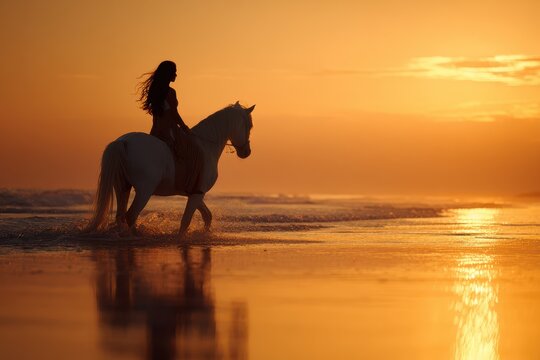 Young woman with long flowing hair rides a white horse along the beach at sunset, creating a tranquil and captivating atmosphere with reflections on the water