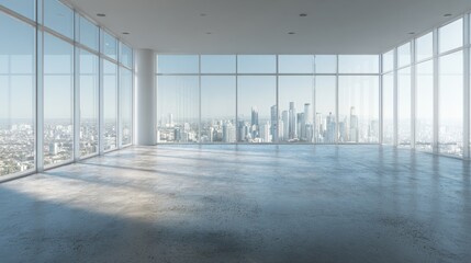 Clean empty spacious interior with panoramic city view, copy space and sunlight on concrete floor. 3D Rendering , no logos, no brands