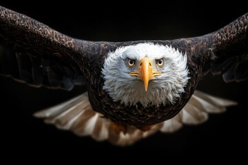 Naklejka premium Majestic bald eagle soaring gracefully through the sky with outstretched wings against a dark background