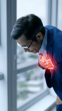 Chest pressure: figure holds heart region, depicting circulatory disorder, myocardial disturbance, heart failure, vascular problem, blood circulation issue, infarction risk, cardiac emergency.