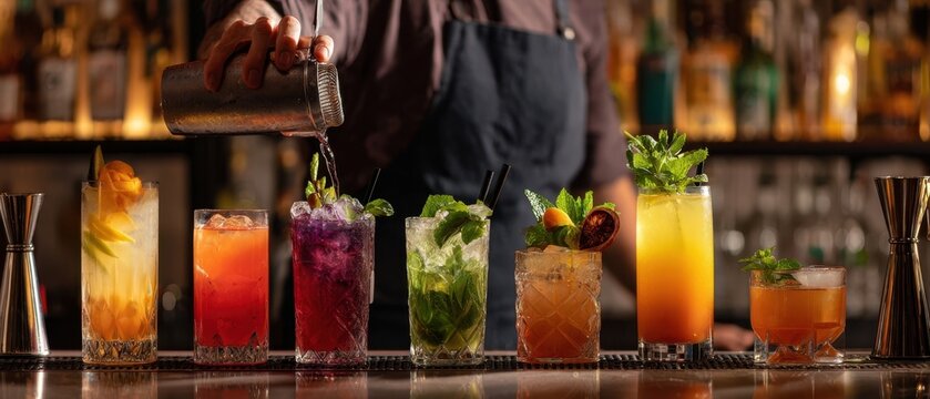 The bartender expertly crafts a selection of vibrant cocktails in a lively bar setting.