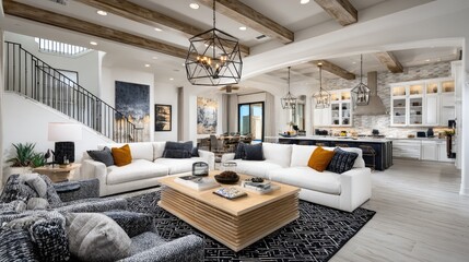 Spacious open-concept living area with a modern kitchen.