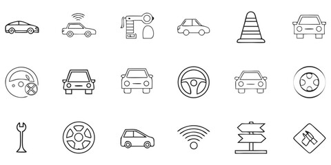 Iconic Car Elements Illustration: A meticulously crafted set of line icons, designed to encapsulate the essence of automotive themes, with a focus on cars, technology, and road safety.