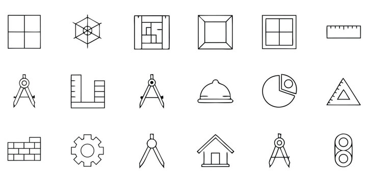 Architectural Blueprint Icons: A collection of meticulously crafted line icons presents a range of architectural and engineering tools and symbols. The image exudes order and precision.