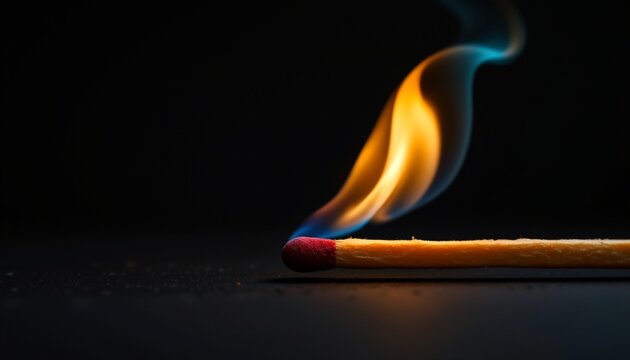 an intriguing visual metaphor. a match is seen in a close up, ignited and alight, with the flame casting a warm glow that contrasts with the cooler tones of the background