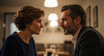 Elegant couple gazes at each other with affection, showcasing a romantic connection between a mature woman with short brown hair and a handsome man with a beard in a suit.