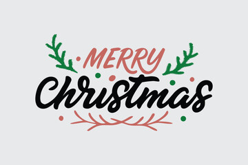 Merry Christmas Typography with Green Leaves and Red Accents, Festive Holiday Greeting