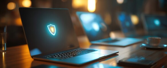 The laptop displaying a security shield symbol for cybersecurity protection.