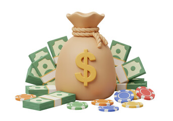 Isolated Cartoon Money Sack with Stacks of Bills and Poker Chips