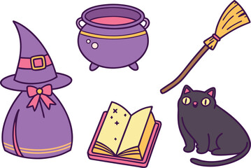 Halloween Witch Accessories Set with Hat Broom and Potion. Cute Halloween Witch Accessories Collection with Magical Items. Adorable Halloween Witch Props Set with Wand Book and Cauldron © S43