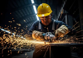 Industrial Worker Using Grinding Machine with Sparks Flying