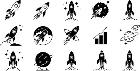 Set of rocket vector icons. Launch spaceship or spacecraft. Rocket fast flying for space. New business start up.
