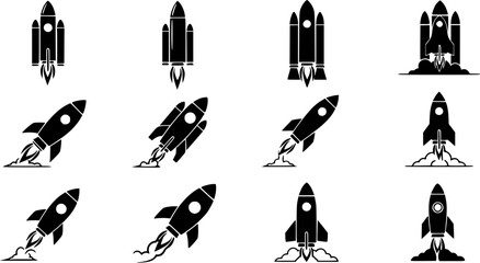 Set of rocket vector icons. Launch spaceship or spacecraft. Rocket fast flying for space. New business start up.
