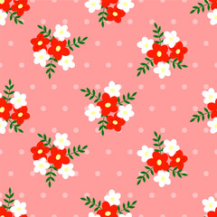 Seamless retro pattern of different compositions of flat flowers on a delicate pastel dotted background